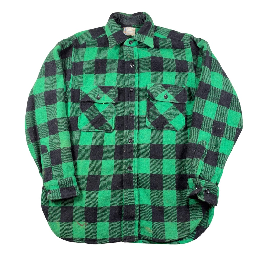 Towncraft Flannel Shirt Mens M Green Black Buffalo Plaid Vintage Penneys